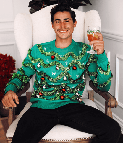 Green Christmas Tree Sweater for Men with Tinsel Garland and Shiny Baubles for Holiday Parties