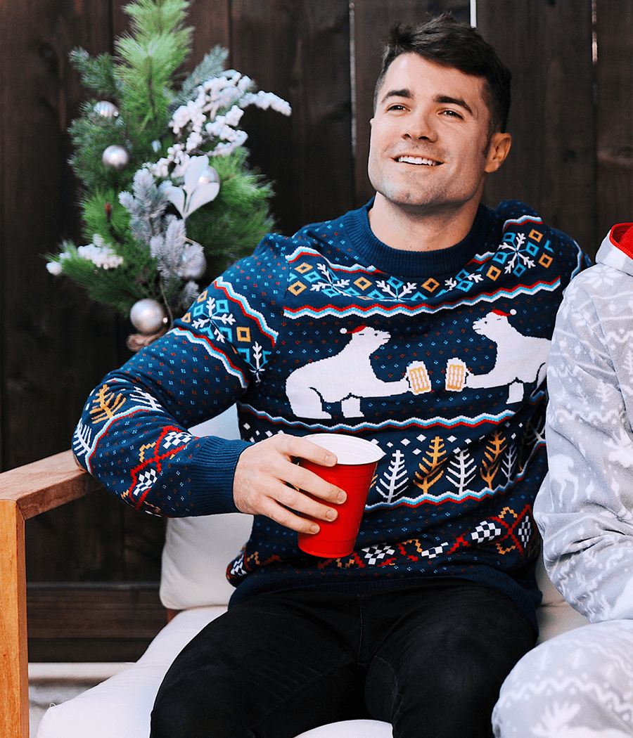 Mens Christmas Sweater with Toasting Polar Bears in Santa Hats on Fair Isle Pattern