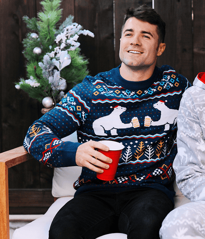 Mens Christmas Sweater with Toasting Polar Bears in Santa Hats on Fair Isle Pattern