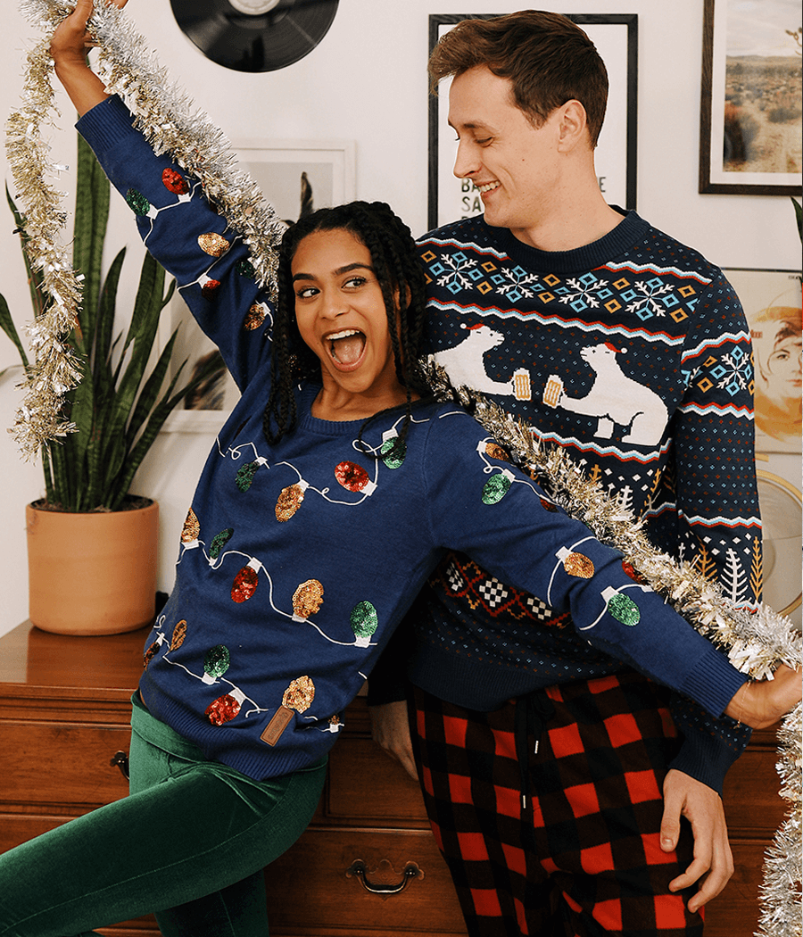 Mens Christmas Sweater with Toasting Polar Bears in Santa Hats on Fair Isle Pattern