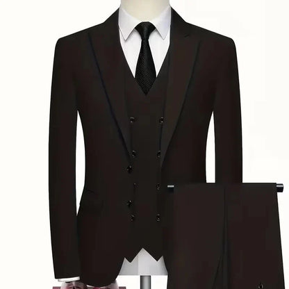 Elegant slim fit men's double-breasted suit. Complete 3-piece set with waistcoat for events.
