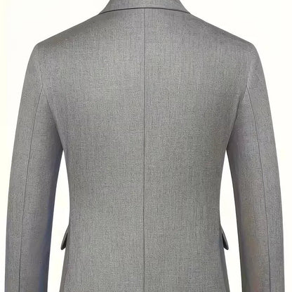 Professional men's attire: a slim fit double-breasted 3-piece suit with a complementary waistcoat.