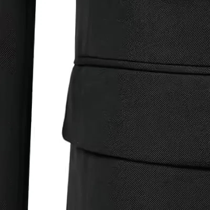 Full view of a sleek slim fit double-breasted 3-piece men's suit, complete with a waistcoat.