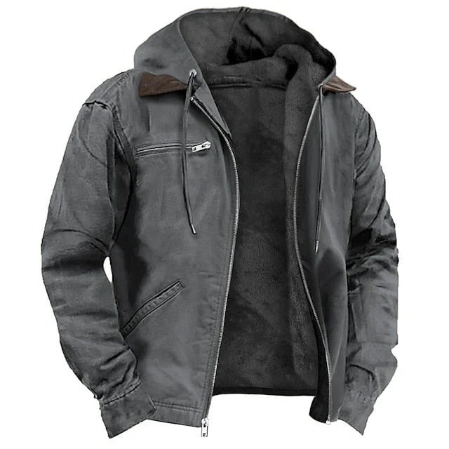 Mens Fleece Lined Hooded Work Jacket with Full Zip for Cold Weather