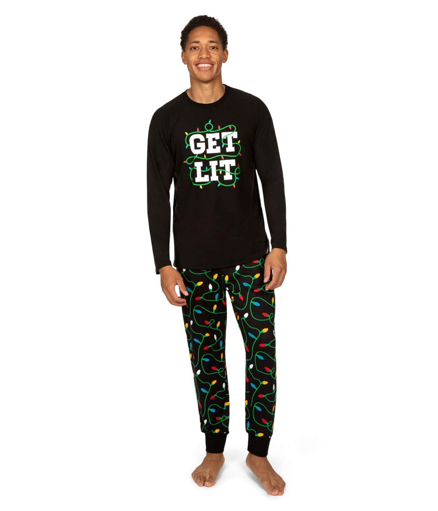Mens Long Sleeve Holiday Pajama Set with Get Lit Text and Christmas Tree Graphic