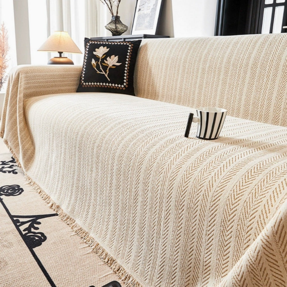 Microfiber Chenille Sofa Cover with Herringbone Pattern and Tassel Trim, Pet Friendly