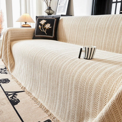 Microfiber Chenille Sofa Cover with Herringbone Pattern and Tassel Trim, Pet Friendly