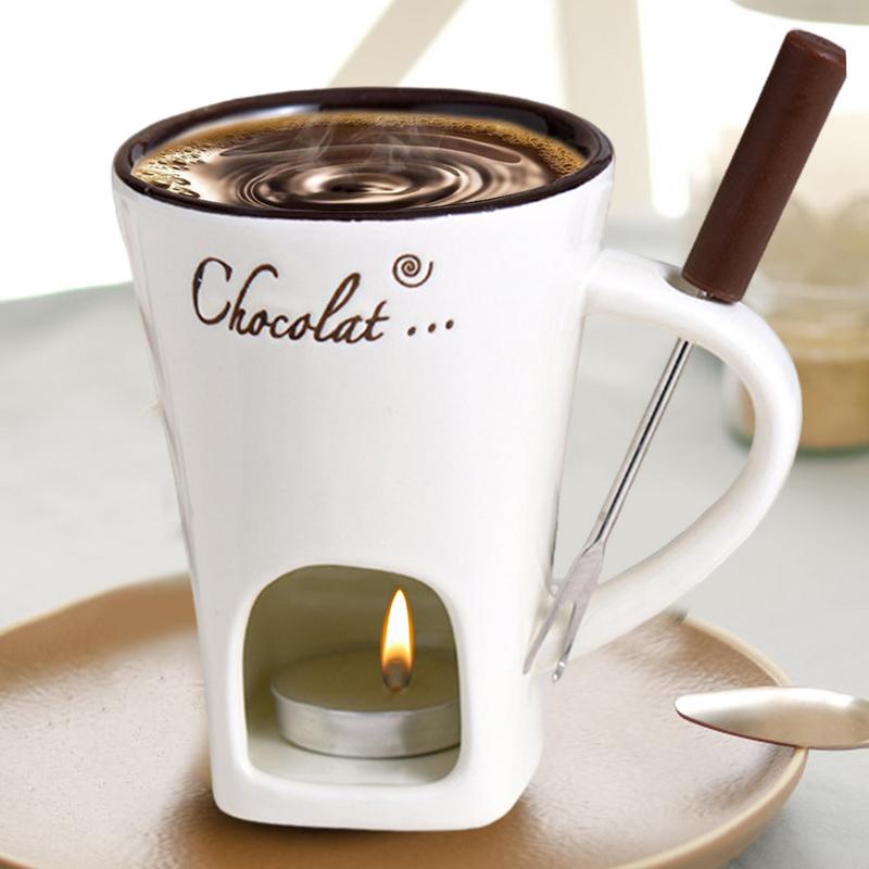 Ceramic Fondue Cup with Stainless Steel Fork and Wax Candle