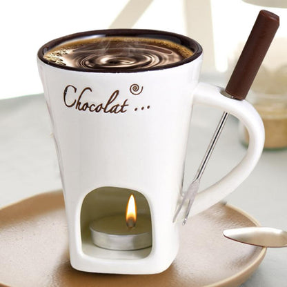 Ceramic Fondue Cup with Stainless Steel Fork and Wax Candle