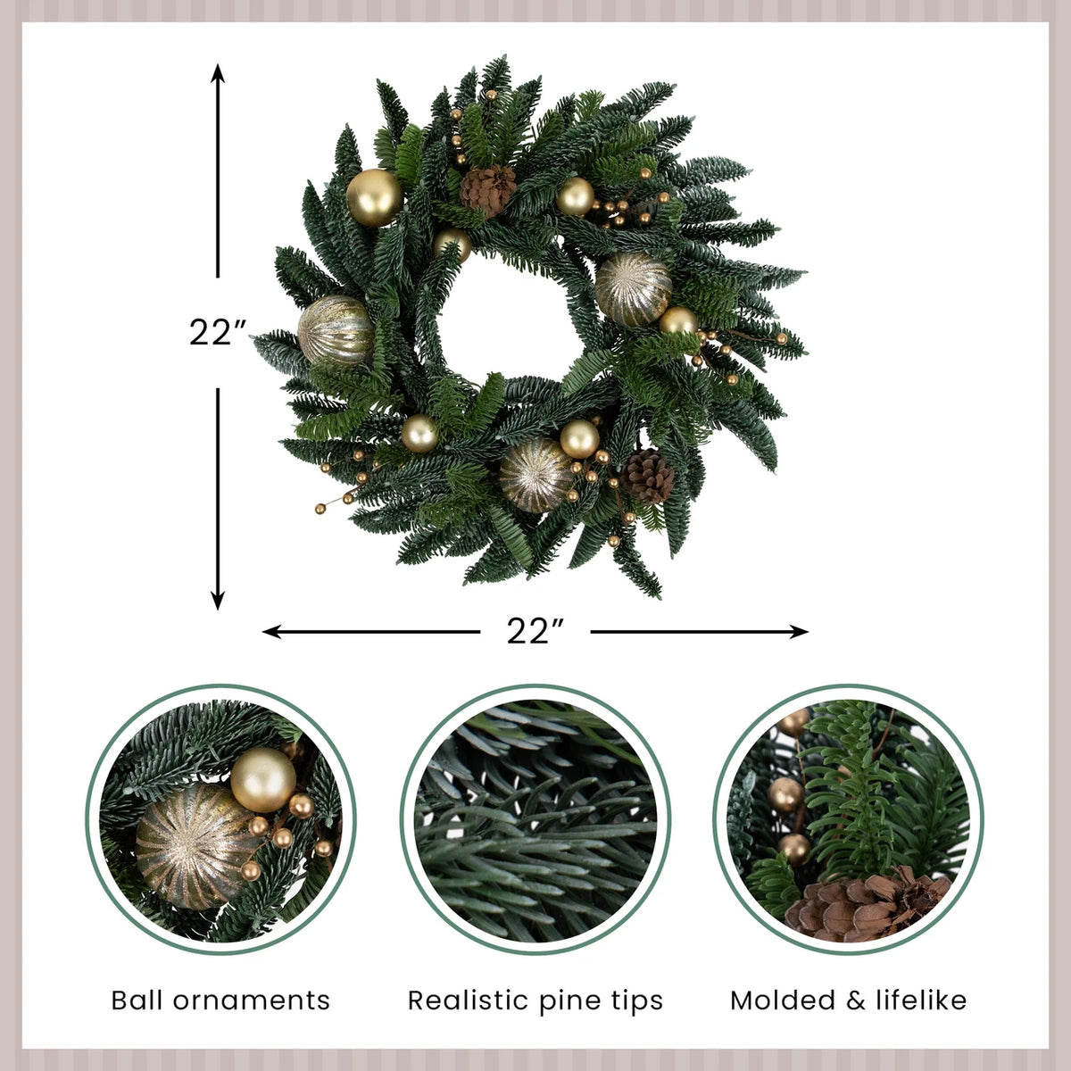 Gold Bauble Christmas Wreath with Molded Pine Tips and Pine Cones 22 Inch