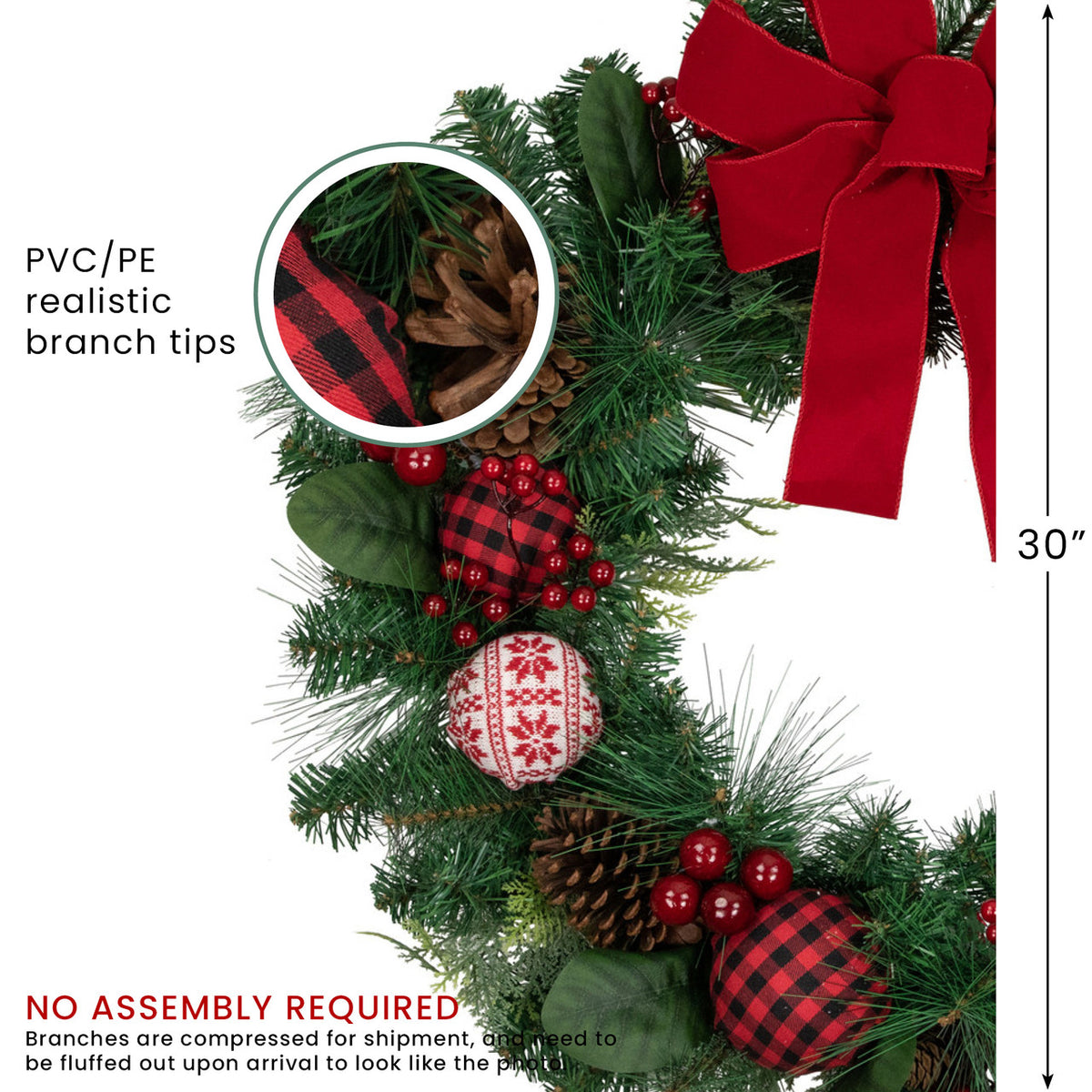 Knit Look Ornament Wreath with Bow and Red Berries for Mantels 30 Inch