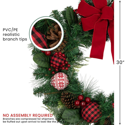 Knit Look Ornament Wreath with Bow and Red Berries for Mantels 30 Inch