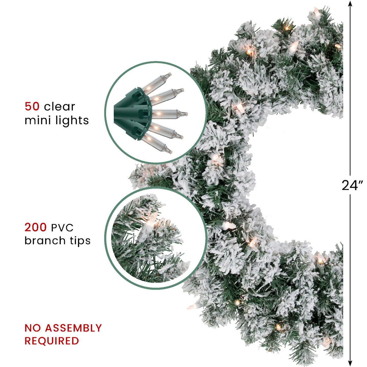 Flocked Holiday Wall Wreath with 50 Warm Clear Bulbs 24 Inch