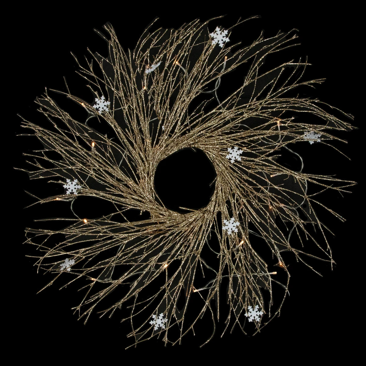 Iridescent Gold Twig Holiday Wreath with Warm Micro LEDs 28 Inch