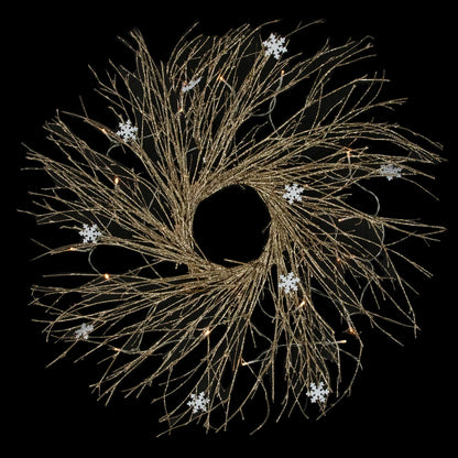 Iridescent Gold Twig Holiday Wreath with Warm Micro LEDs 28 Inch
