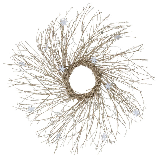 Iridescent Gold Twig Holiday Wreath with Warm Micro LEDs 28 Inch