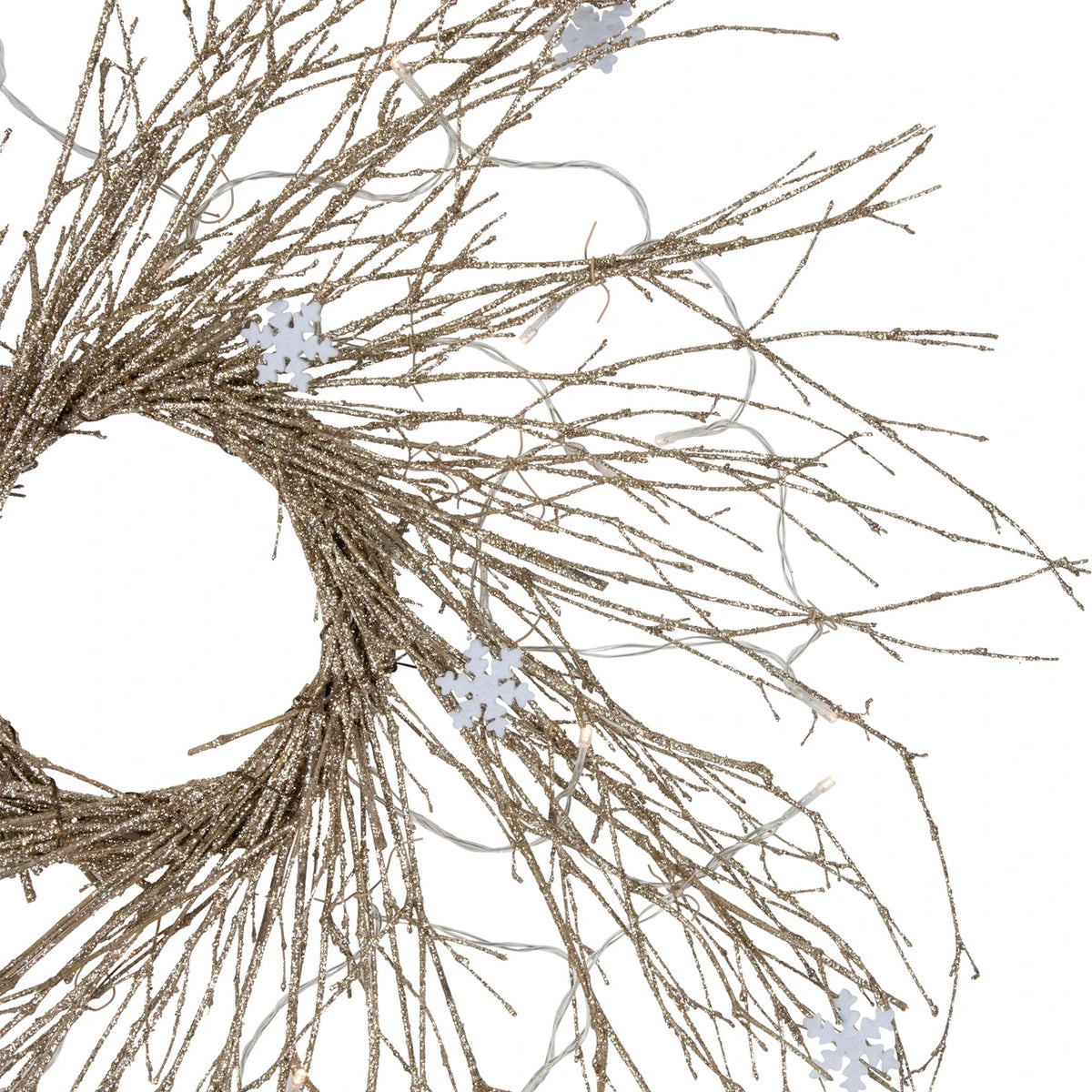 Iridescent Gold Twig Holiday Wreath with Warm Micro LEDs 28 Inch