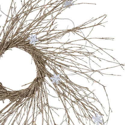 Iridescent Gold Twig Holiday Wreath with Warm Micro LEDs 28 Inch