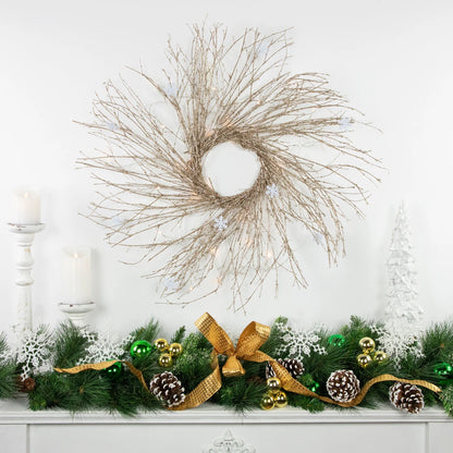 Iridescent Gold Twig Holiday Wreath with Warm Micro LEDs 28 Inch