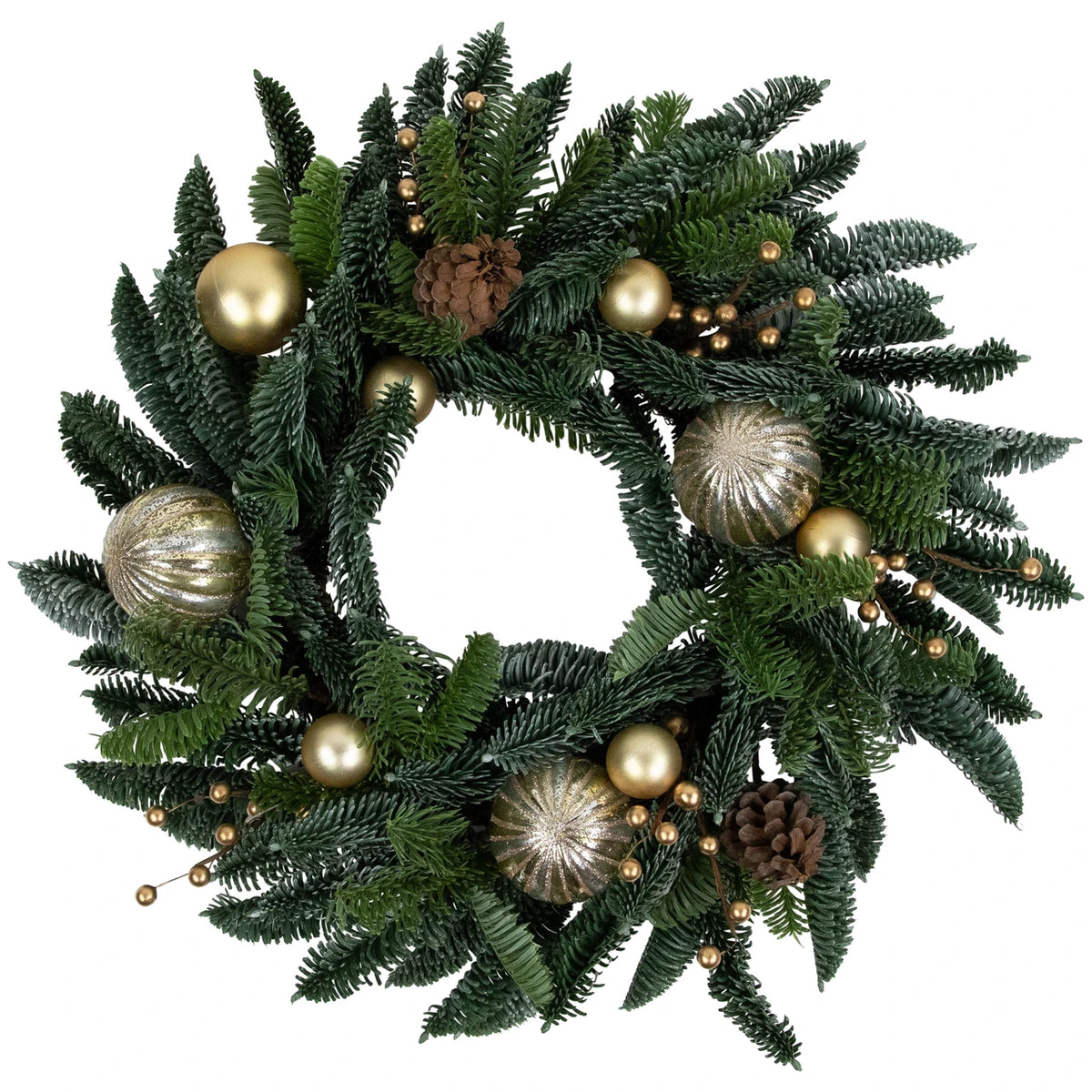 Gold Bauble Christmas Wreath with Molded Pine Tips and Pine Cones 22 Inch