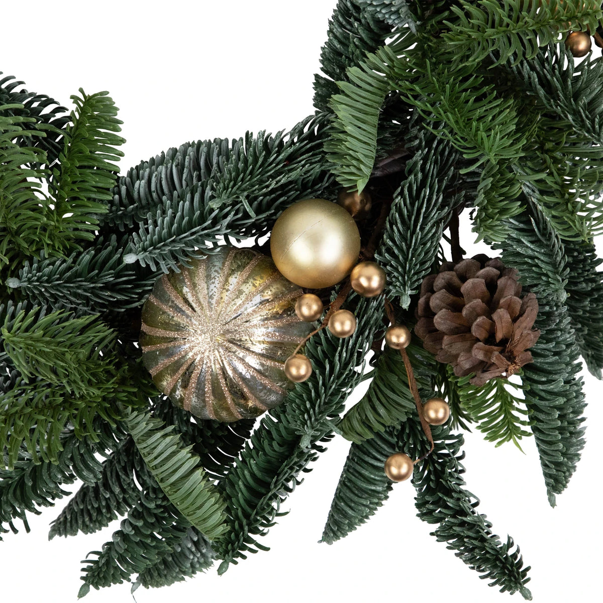 Gold Bauble Christmas Wreath with Molded Pine Tips and Pine Cones 22 Inch