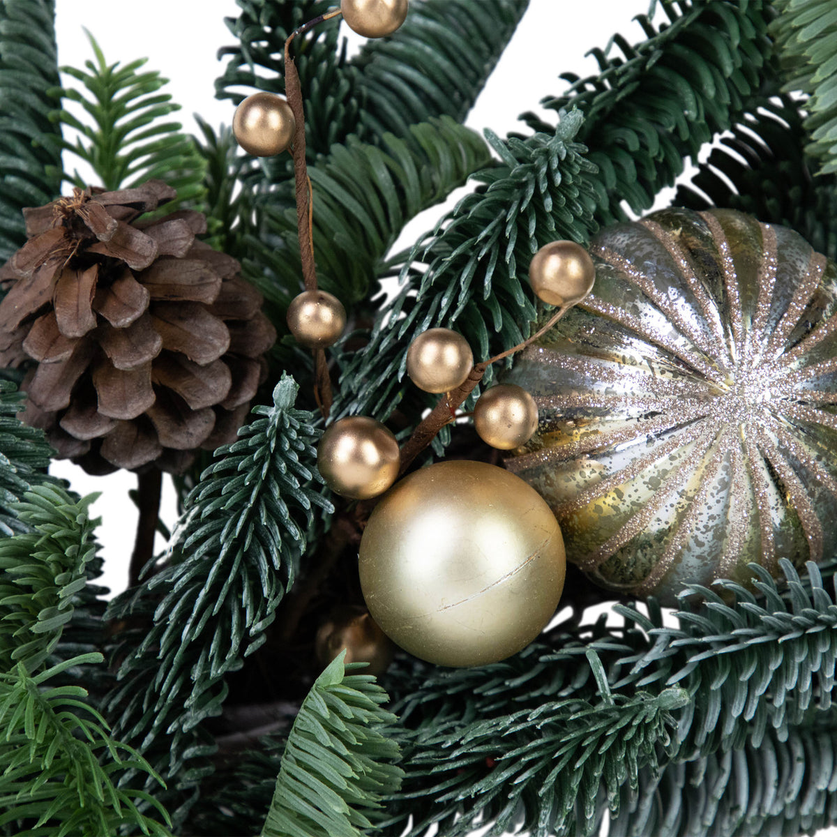 Gold Bauble Christmas Wreath with Molded Pine Tips and Pine Cones 22 Inch