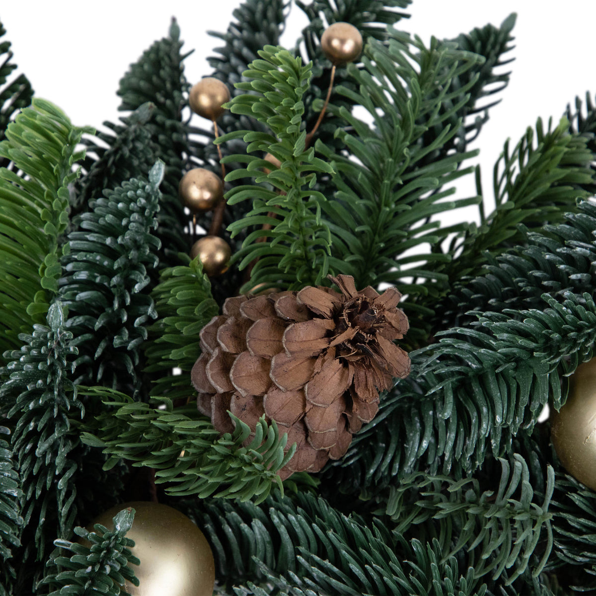 Gold Bauble Christmas Wreath with Molded Pine Tips and Pine Cones 22 Inch