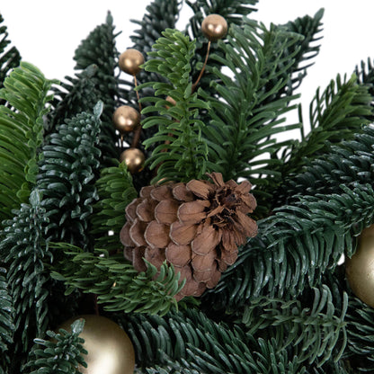 Gold Bauble Christmas Wreath with Molded Pine Tips and Pine Cones 22 Inch
