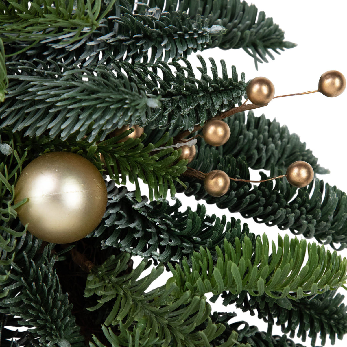 Gold Bauble Christmas Wreath with Molded Pine Tips and Pine Cones 22 Inch