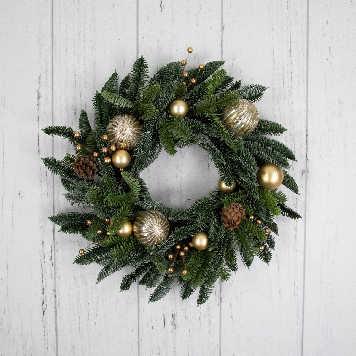 Gold Bauble Christmas Wreath with Molded Pine Tips and Pine Cones 22 Inch