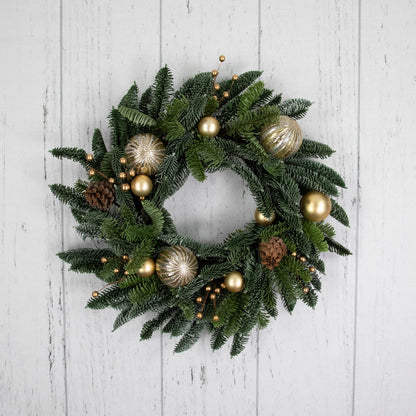 Gold Bauble Christmas Wreath with Molded Pine Tips and Pine Cones 22 Inch