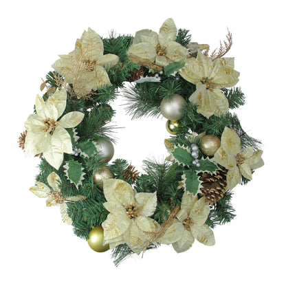 Green and White Pine Wreath with Poinsettias and Gold Ornaments 24 Inch