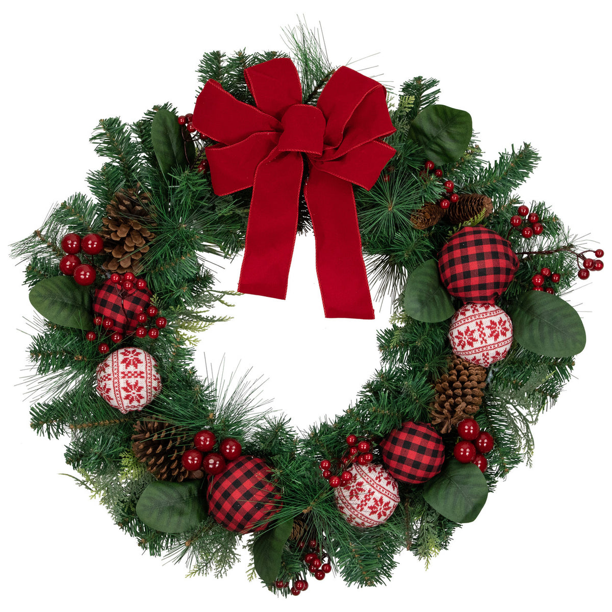 Knit Look Ornament Wreath with Bow and Red Berries for Mantels 30 Inch