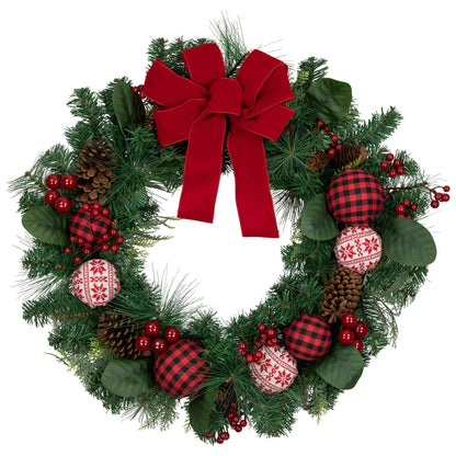 Knit Look Ornament Wreath with Bow and Red Berries for Mantels 30 Inch