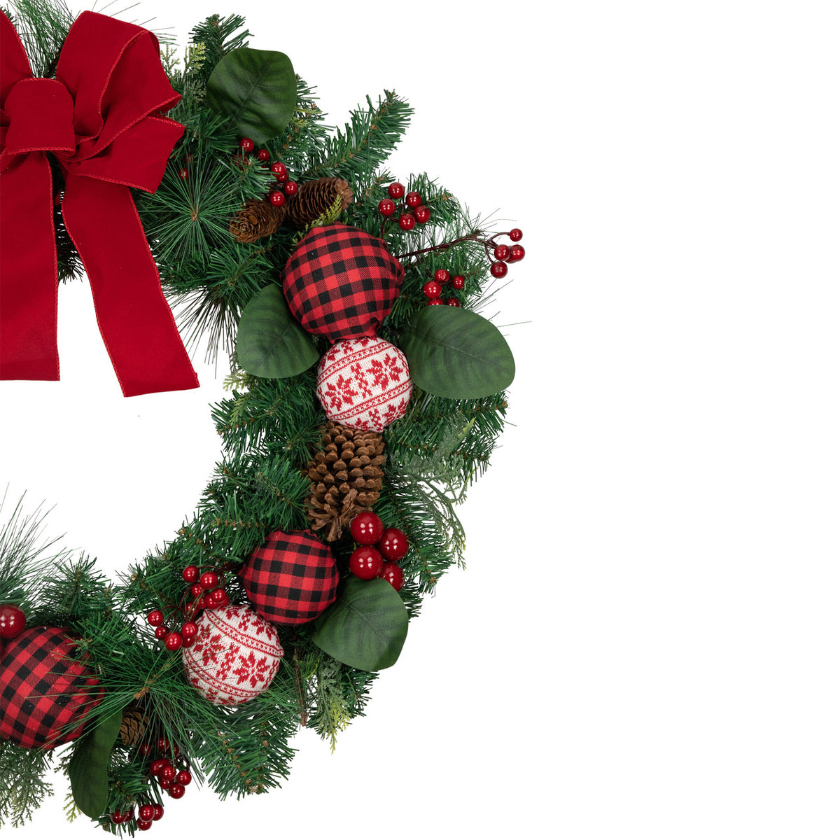 Knit Look Ornament Wreath with Bow and Red Berries for Mantels 30 Inch