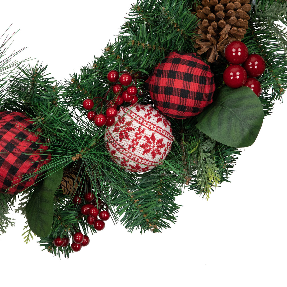 Knit Look Ornament Wreath with Bow and Red Berries for Mantels 30 Inch