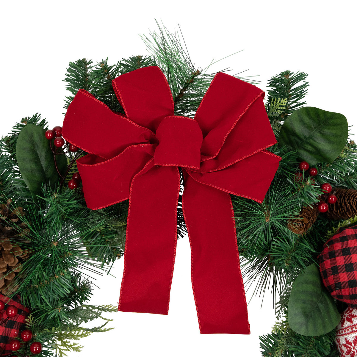 Knit Look Ornament Wreath with Bow and Red Berries for Mantels 30 Inch