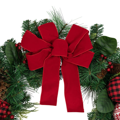 Knit Look Ornament Wreath with Bow and Red Berries for Mantels 30 Inch