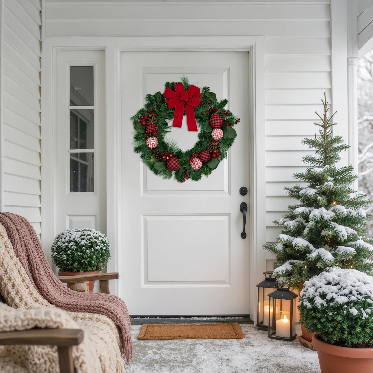 Knit Look Ornament Wreath with Bow and Red Berries for Mantels 30 Inch