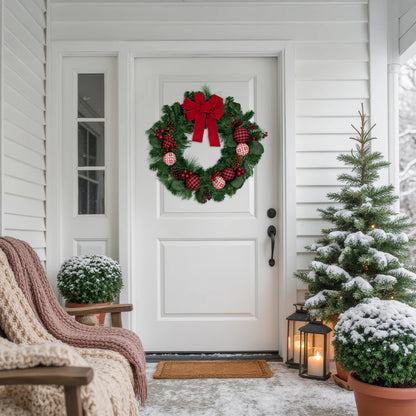 Knit Look Ornament Wreath with Bow and Red Berries for Mantels 30 Inch