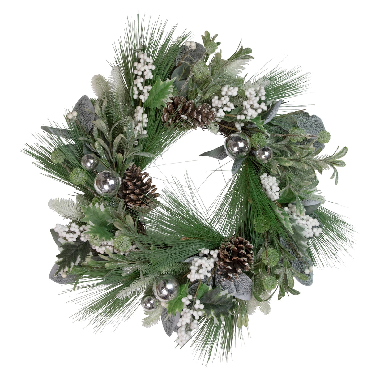 Snow Kissed Pine Wreath with Silver Baubles and White Berries 24 Inch
