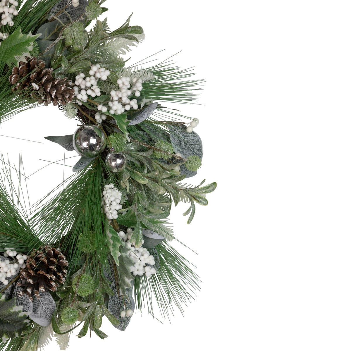 Snow Kissed Pine Wreath with Silver Baubles and White Berries 24 Inch