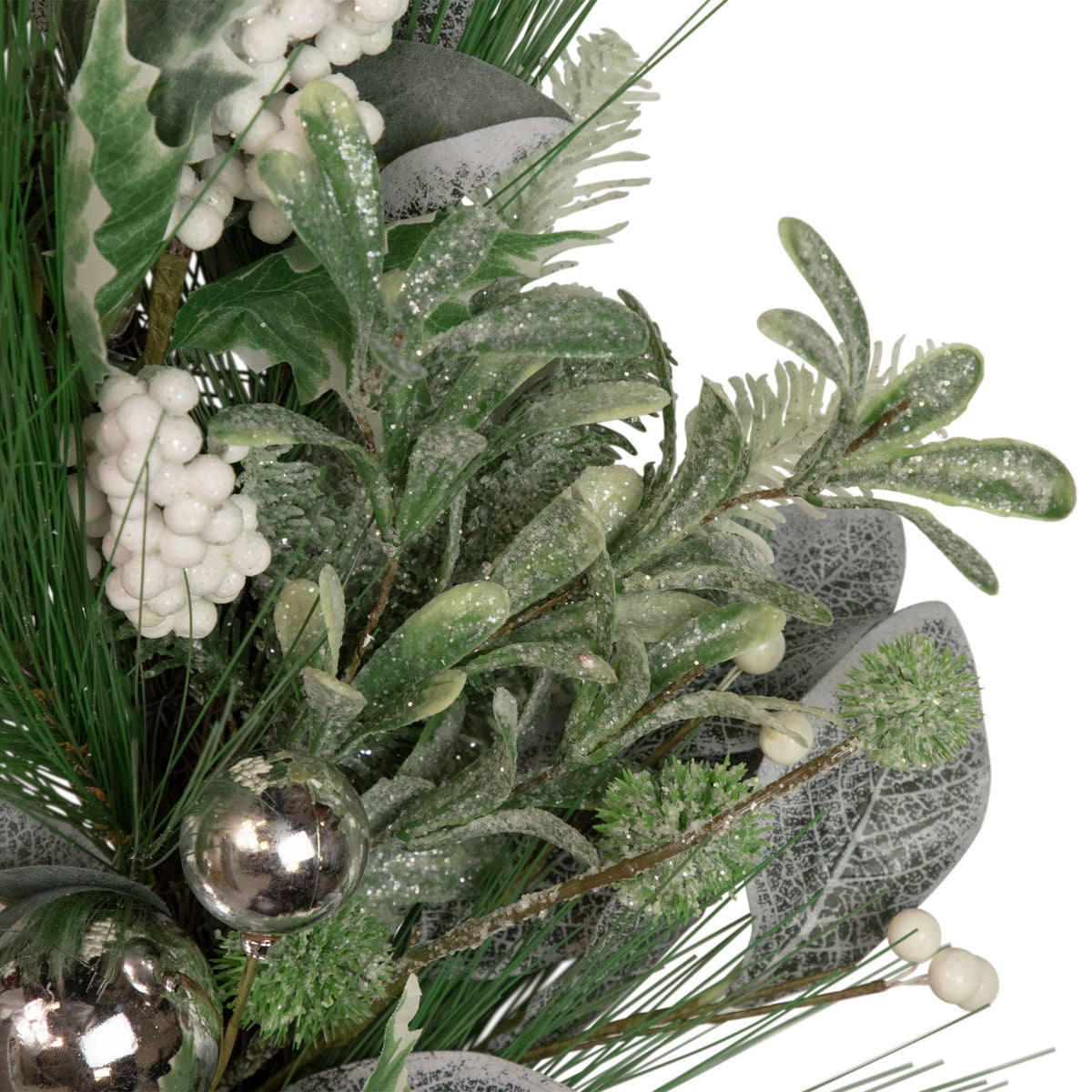 Snow Kissed Pine Wreath with Silver Baubles and White Berries 24 Inch