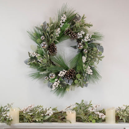 Snow Kissed Pine Wreath with Silver Baubles and White Berries 24 Inch