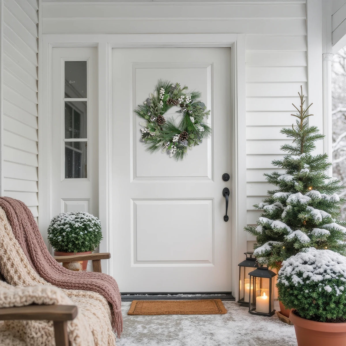 Snow Kissed Pine Wreath with Silver Baubles and White Berries 24 Inch