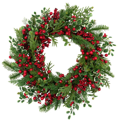 Mixed Pine and Cedar Christmas Wreath with Red Berries and Holly 30 Inch Unlit