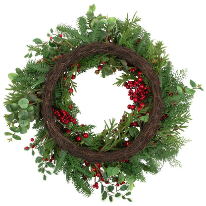 Mixed Pine and Cedar Christmas Wreath with Red Berries and Holly 30 Inch Unlit