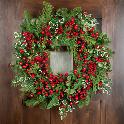 Mixed Pine and Cedar Christmas Wreath with Red Berries and Holly 30 Inch Unlit