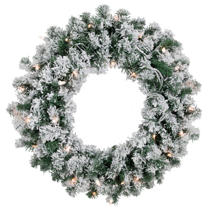 Flocked Holiday Wall Wreath with 50 Warm Clear Bulbs 24 Inch