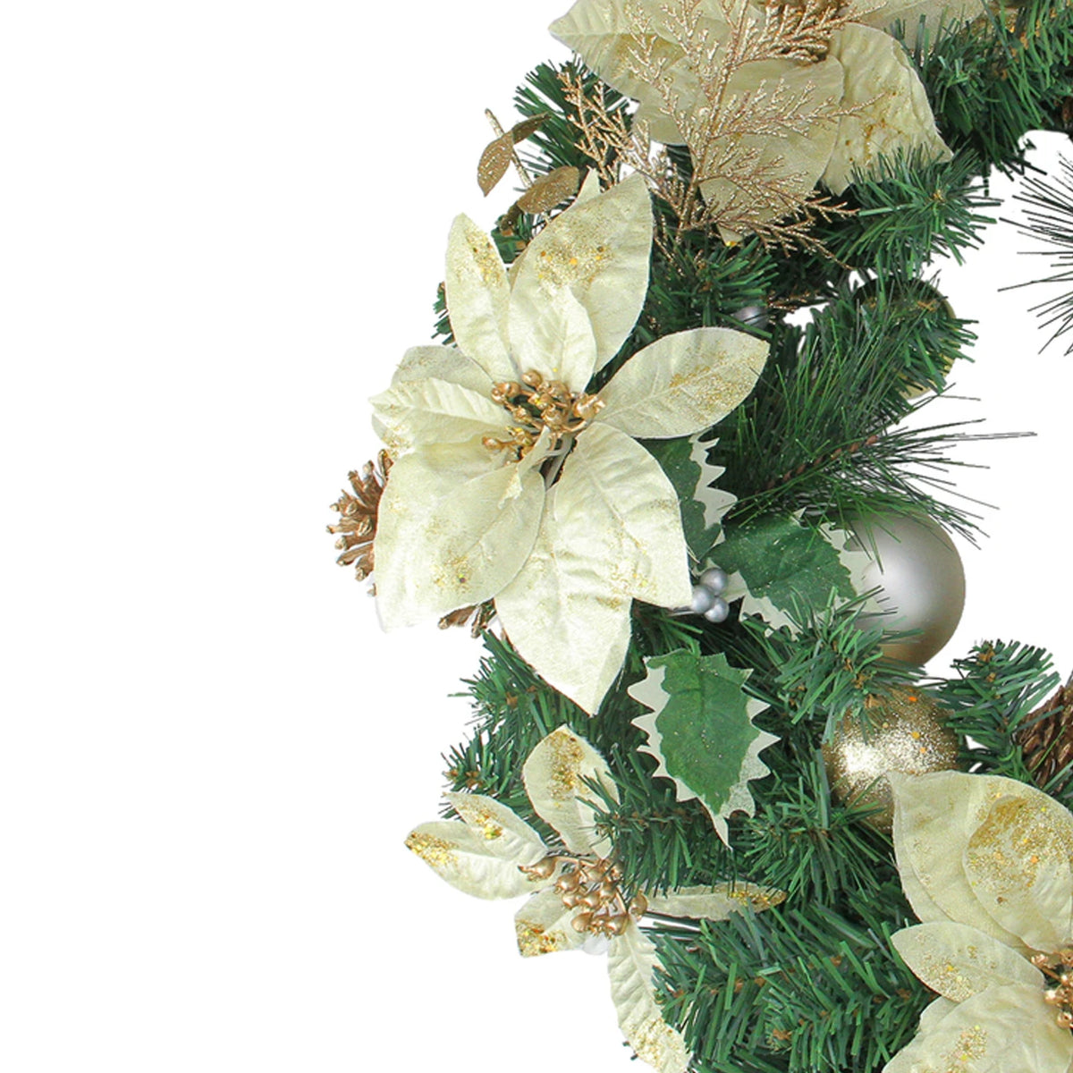 Green and White Pine Wreath with Poinsettias and Gold Ornaments 24 Inch